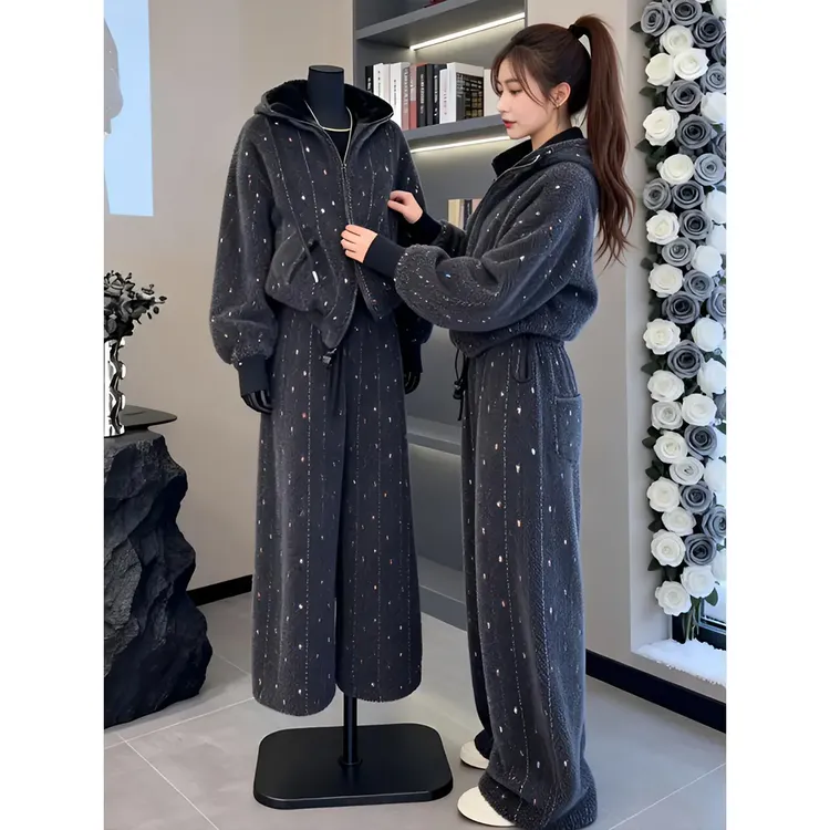 冬季新款时尚气质慵懒风潮流网红休闲百搭连帽外套+休闲裤两件套