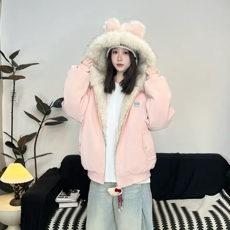 冬季新款甜美风棉服女加厚加绒百搭宽松连帽座山雕保暖棉衣外套潮