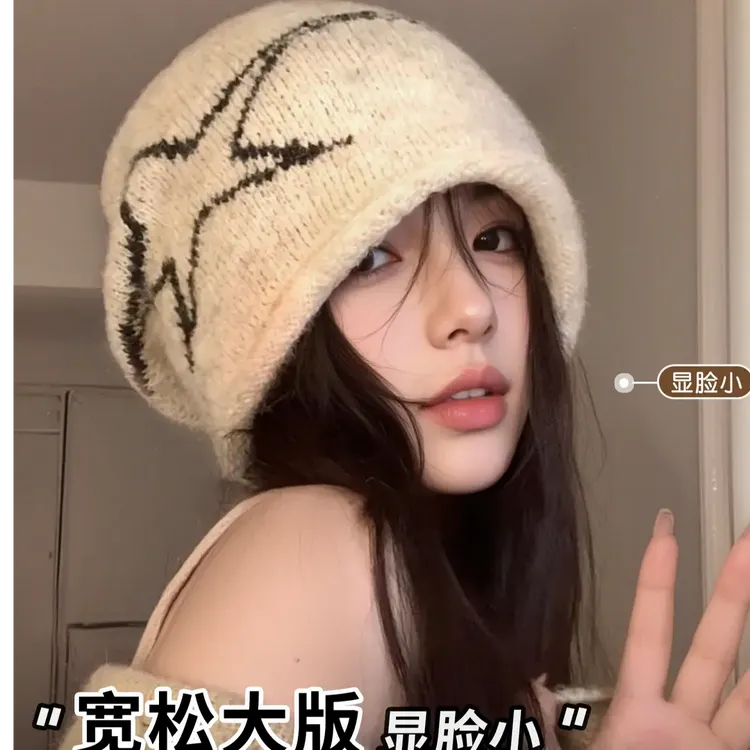 美式复古卷边针织堆堆帽大头围显脸小冷帽女款2025新款百搭毛线帽