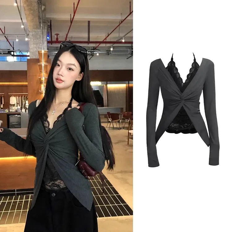 【蕾丝边挂脖T恤】秋季新款辣妹纯欲拼接挂脖长袖T恤假两件上衣