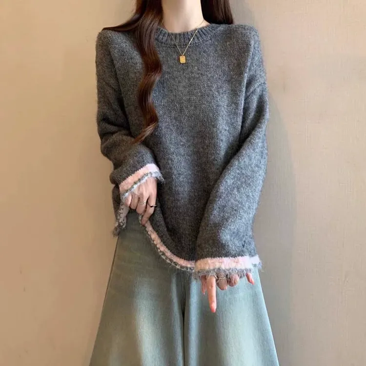 【新年穿搭】微胖妹妹大码灰色打底毛衣女秋冬宽松独特针织衫上衣潮