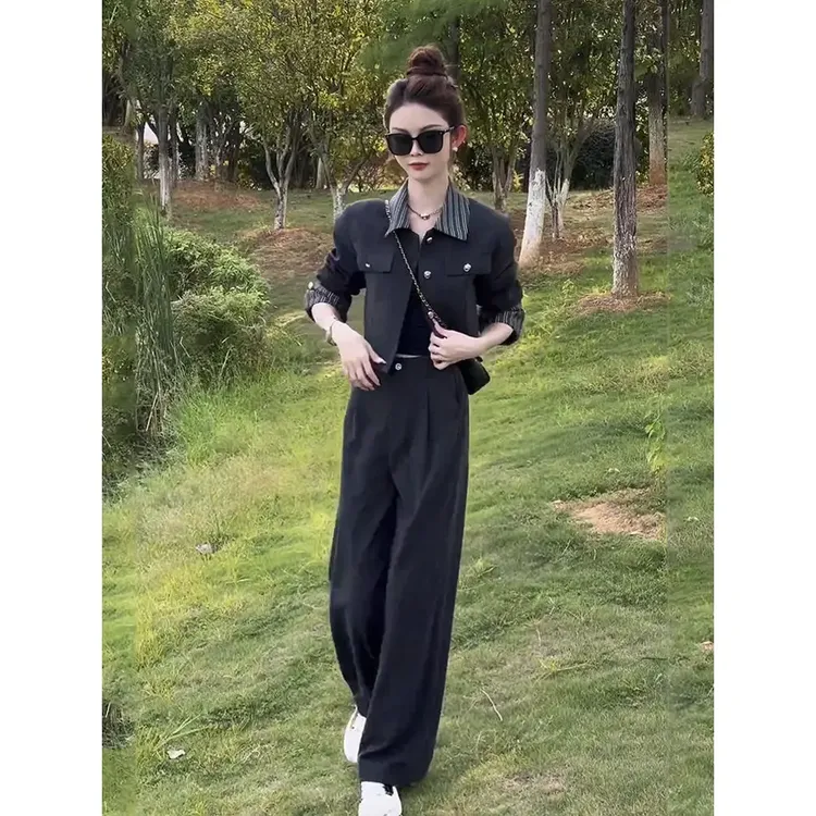 春秋穿搭一整套女2025年新款气质小香风短外套高腰阔腿裤子两件套