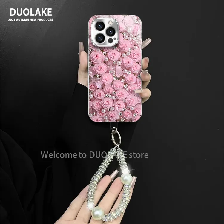 适用于苹果/oppo/华为/vivo/小米满屏玫瑰电镀玻璃手链防摔手机壳