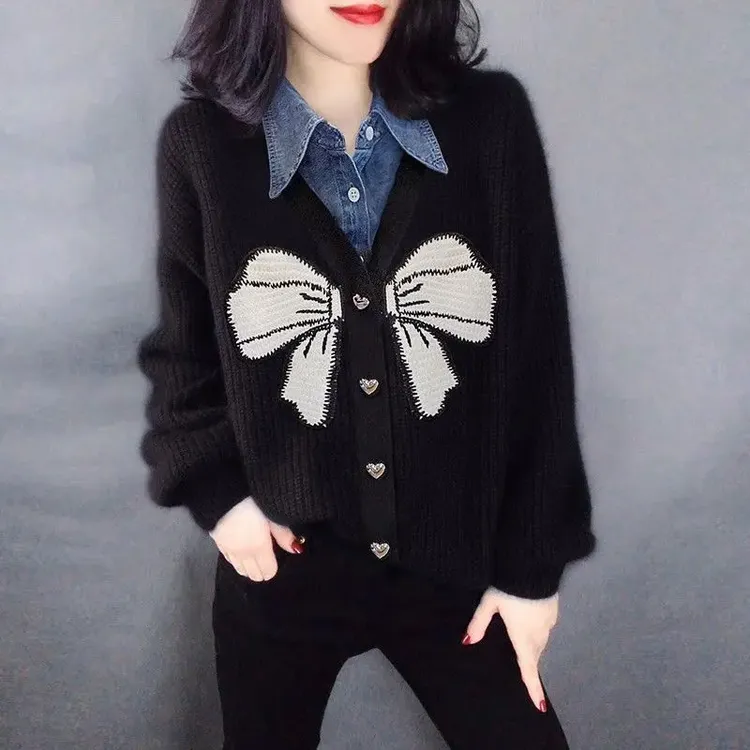 高级感黑色领牛仔拼接假两件蝴蝶结针织衫毛衣女2025冬季新款