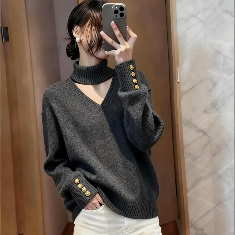 绵羊绒加厚时尚轻熟风镂空针织衫秋冬新款内搭气质显瘦打底毛衣女