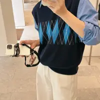 【王小姐】敲推荐“菱形格”撞色宽松 针织背心马甲女