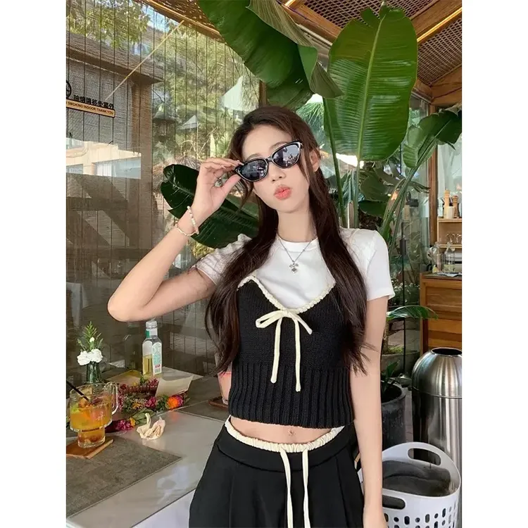 套装女2025春季韩系ins时尚辣妹叠穿内搭短袖上衣吊带休闲阔腿裤