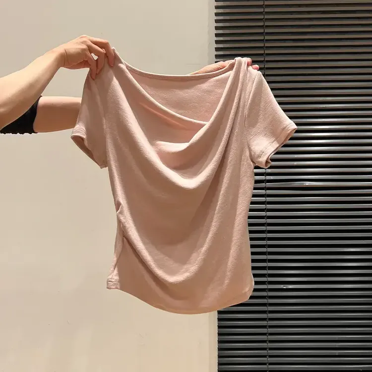 [运费全额补贴]欧若风一字肩短袖T恤女夏褶皱修身小众上衣辣妹装