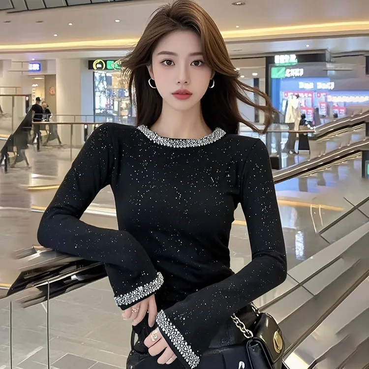2025春秋黑色显瘦修身长袖T恤女内搭打底衫重工设计钉珠细闪睡衣