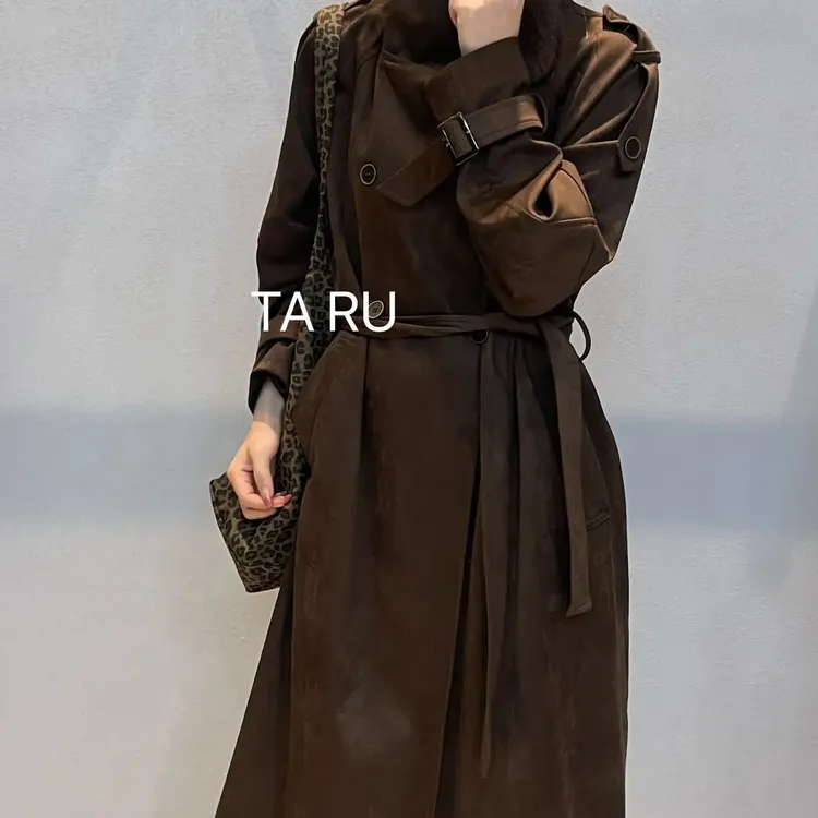 鹿皮绒韩版长款秋冬女气质显瘦立领双排扣绑带设计感外套