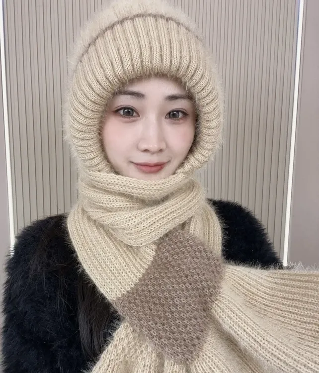 ( 双拼热卖款)冬季保暖加绒加厚帽子围巾一体护耳防寒针织风雪帽