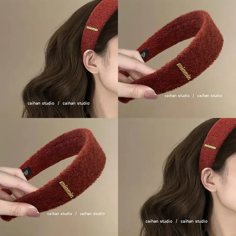 一抹时尚红~宽版毛绒金标发箍法式高颅顶小香风发卡新年旅行发饰
