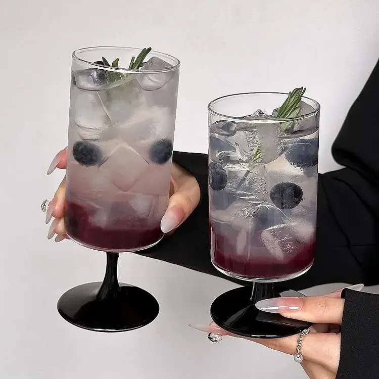 直筒高脚杯黑底高款创意高级氛围红酒杯小众个性设计玻璃杯果汁杯