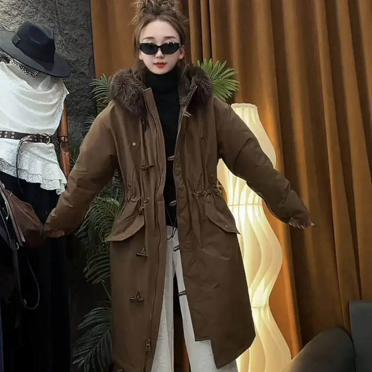 冬季中长款羽绒服 3377厚款韩版加绒加厚款连帽气质棉服派克服