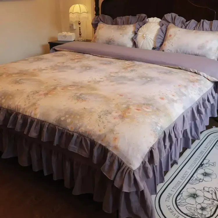 法式轻奢油画风床盖四件套纯棉全棉双层纱花边款复古1.8m床上用品