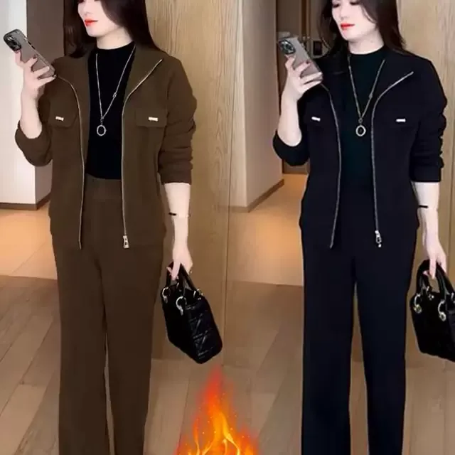 加绒加厚休闲运动套装女2024冬季时髦洋气立领开衫阔腿裤两件套潮