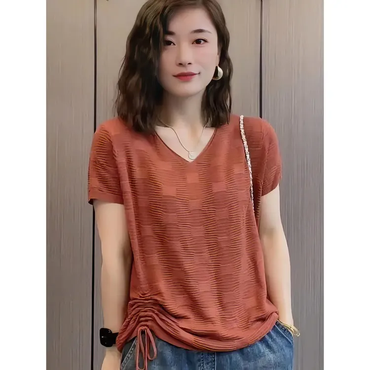夏季洋气新款上衣女装年轻薄款宽松大码百搭V领针织夏季镂空