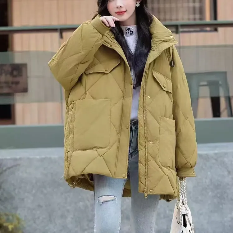 J046（羽绒服）新款羽绒服女中长连帽菱格设计宽松白鸭绒女装外套