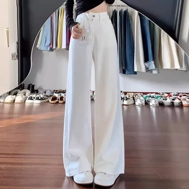 雪千羽白色阔腿牛仔裤女2025春秋夏新款宽松垂感小个子直筒拖地裤