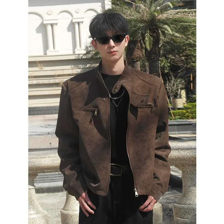 美拉德痞帅男士休闲外套秋冬季立领飞行员夹克加棉加厚底特律皮衣