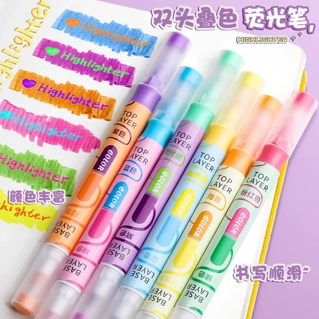 双头荧光笔学生用标记笔叠色手帐笔护眼彩色划重点莹光笔高颜值背