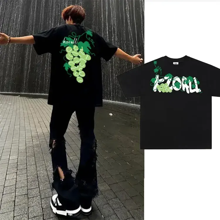 KZDALL葡萄网球印花短袖潮流美式炸街纯棉T恤男ins街头设计感半袖