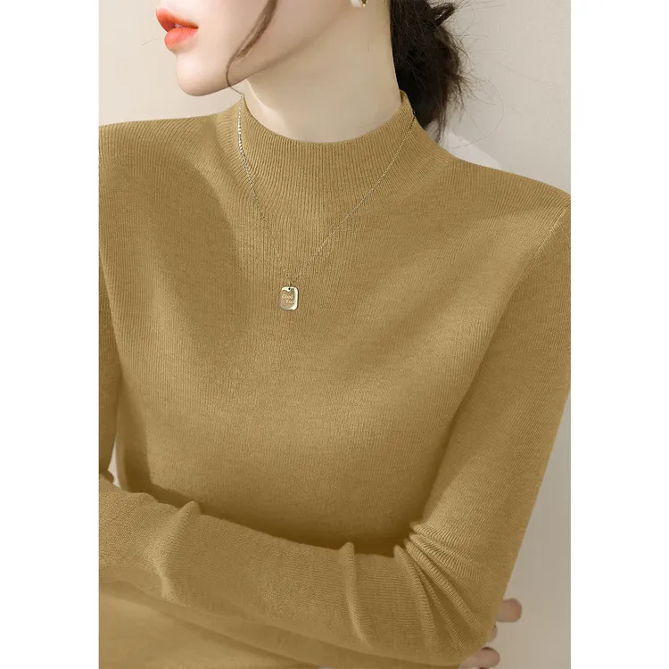 2025秋冬新款芥黄色修身气质半高领毛衣内搭打底上衣长袖针织衫女
