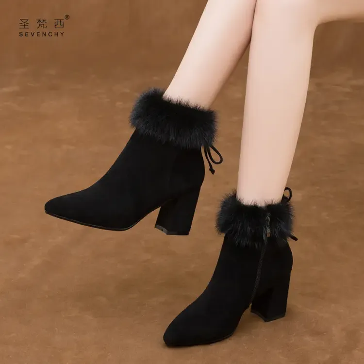 真皮貂毛高保暖2024年新款女鞋时尚加绒磨砂百搭短靴气质女靴子