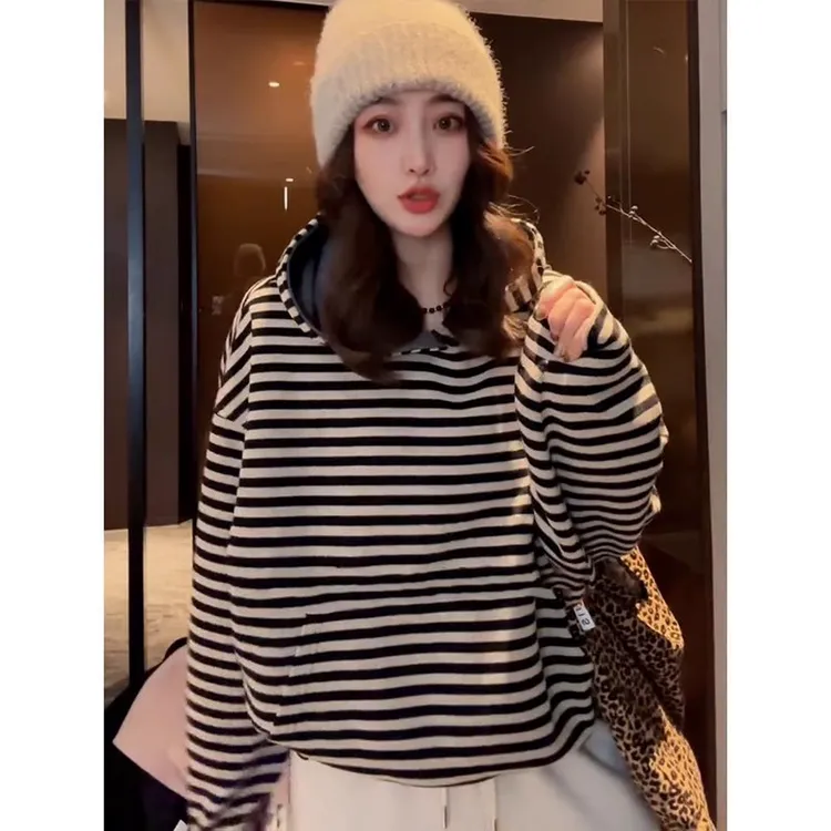 美式复古条纹连帽卫衣女2025春季爆款慵懒风宽松休闲长袖套头上衣