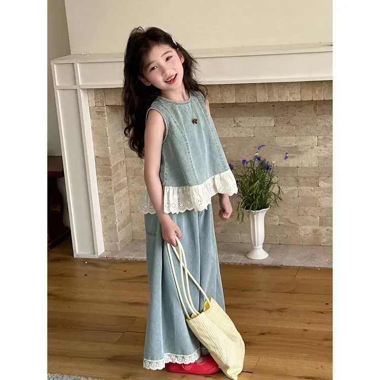 【现货48H】夏季女童新款韩版洋气软牛仔背心吊带阔腿裤宽松套装