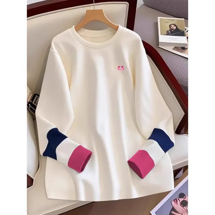 秋冬新款上衣宽松加绒韩版t恤女中长款撞色设计感打底衫配鲨鱼裤