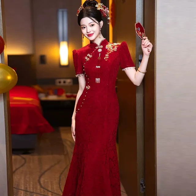 酒红色旗袍敬酒服2025新款中式结婚新娘订婚鱼尾显瘦回门迎宾便装