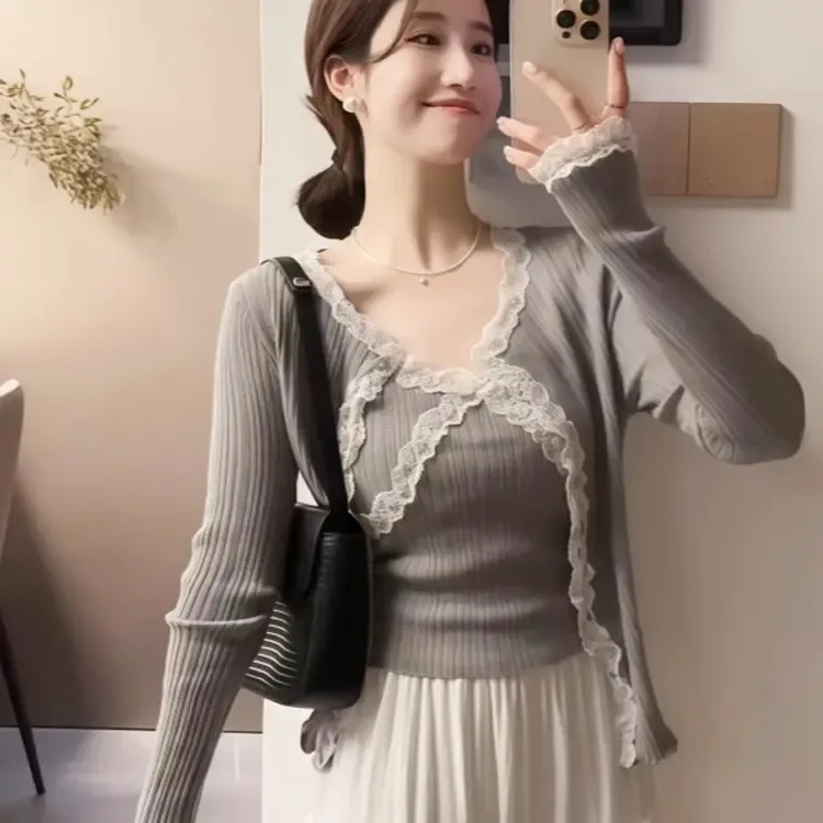 纯欲性感蕾丝吊带+针织开衫两件套女春秋法式显瘦小个子上衣套装