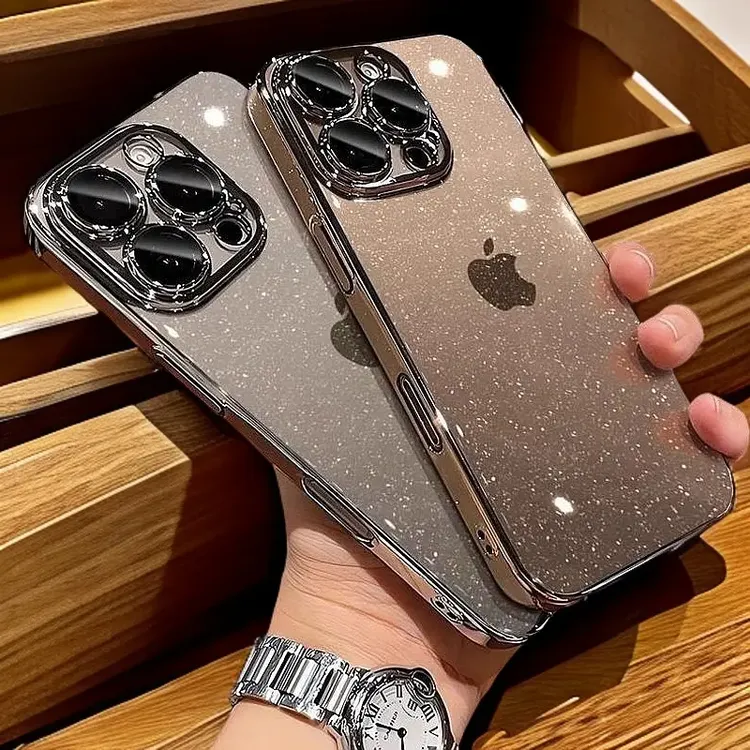 适用于苹果17透明电镀iPhone16带镜头膜15ProMax时尚闪粉14个性13