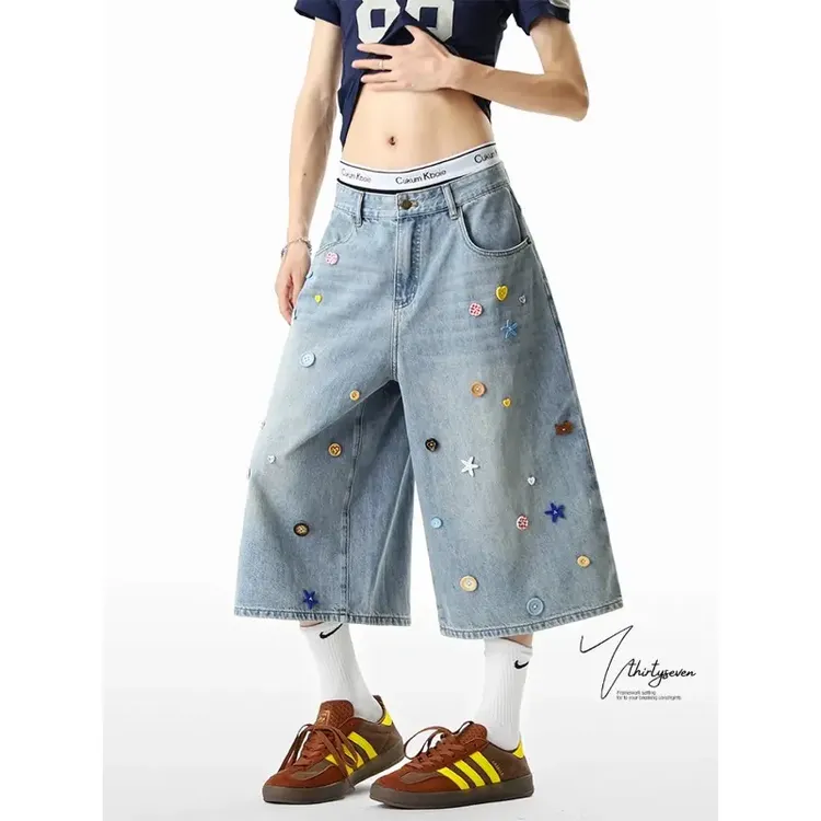 彩色纽扣七分牛仔裤男女美式设计感直筒中裤cleanfit水洗短裤潮牌