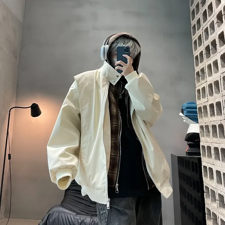 2025新款春装连帽假两件宽松夹克男美式休闲情侣百搭外套