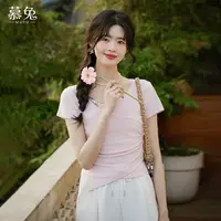 慕兔韩系拼接假两件短袖t恤女2025夏季新款不规则修身显瘦短上衣