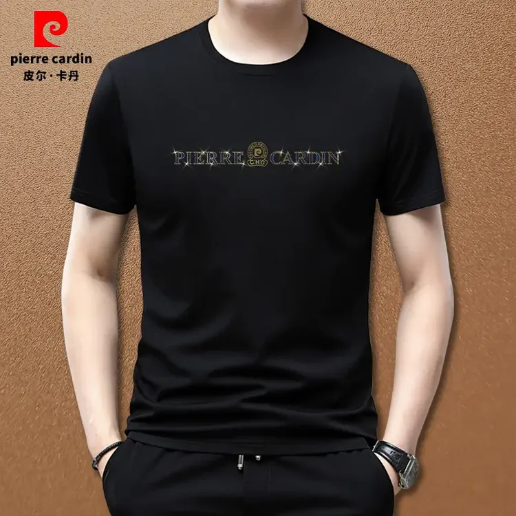 皮尔卡丹男士高档圆领莫代尔冰感夏季半袖T恤简约烫钻字母印花男.