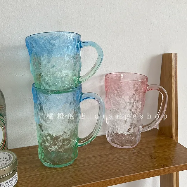 橘橙*彩色缤纷水杯子*ins玻璃水杯带把茶杯少女心果汁饮料杯情侣
