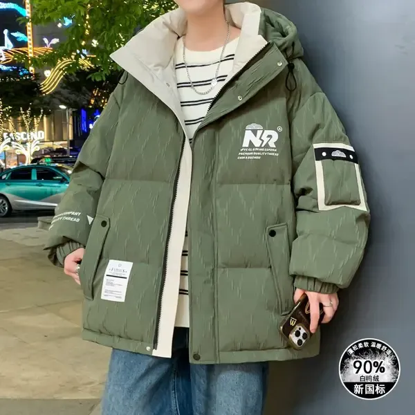 潮流休闲男士加厚保暖连帽棉衣 军绿色街头风宽松面包服外套