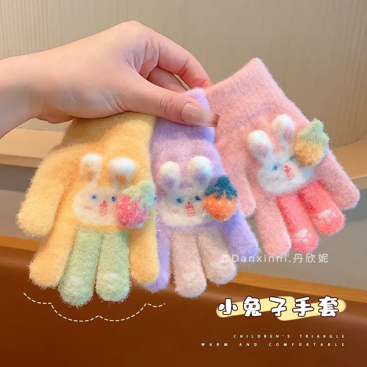 儿童手套秋冬季女童毛绒加厚保暖分指套小女孩彩色卡通兔子写字套
