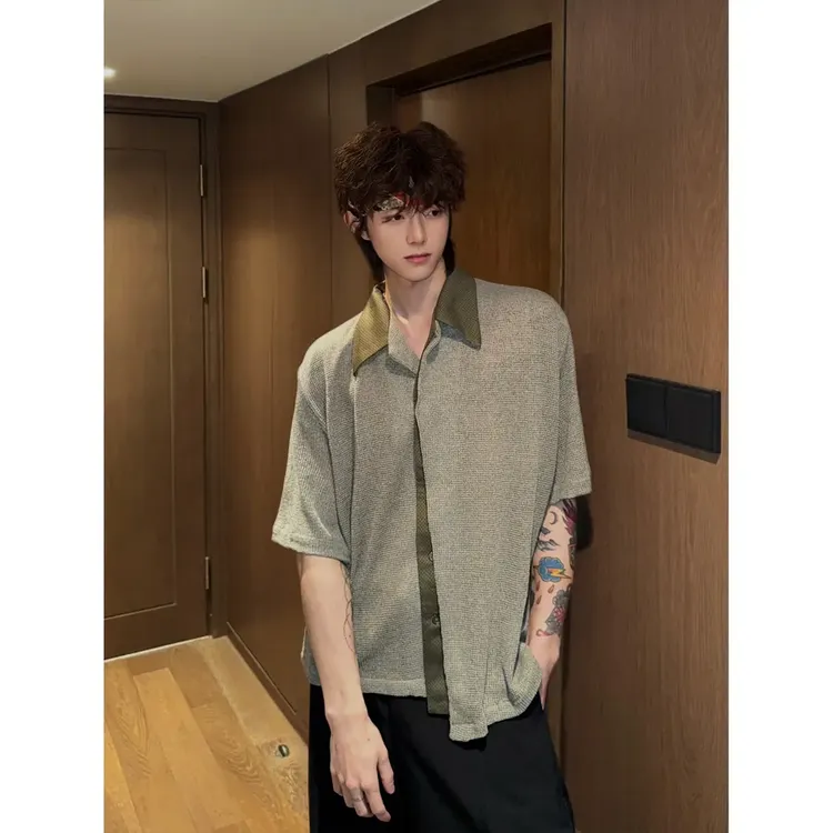 灰绿色拼接撞色短袖衬衫男生夏季翻领设计感衬衣美式小众情侣外套