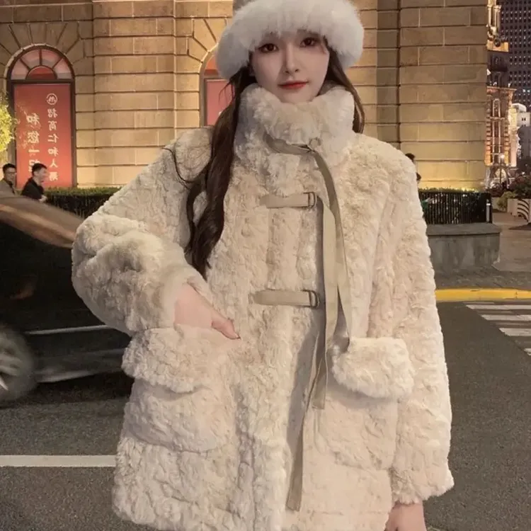 冬季韩版宽松皮毛一体中长款加厚保暖女士羊羔毛外套