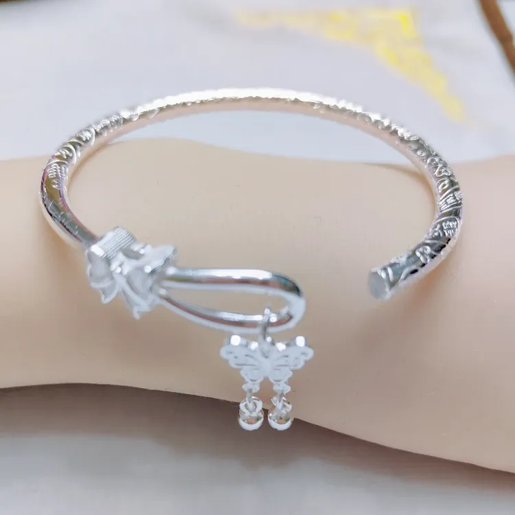 足银手镯 足银999 .9蝴蝶结开口实心年轻款时尚百搭银镯子