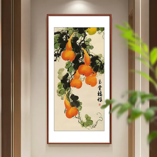 五福临门玄关装饰画新中式竖版入户走廊过道挂画福禄葫芦客厅壁画
