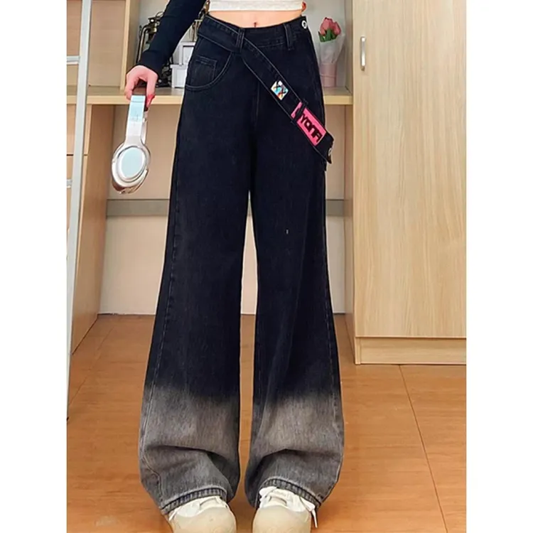 美式设计感侧边拉链渐变牛仔裤女2025夏季新款复古高腰直筒阔腿裤