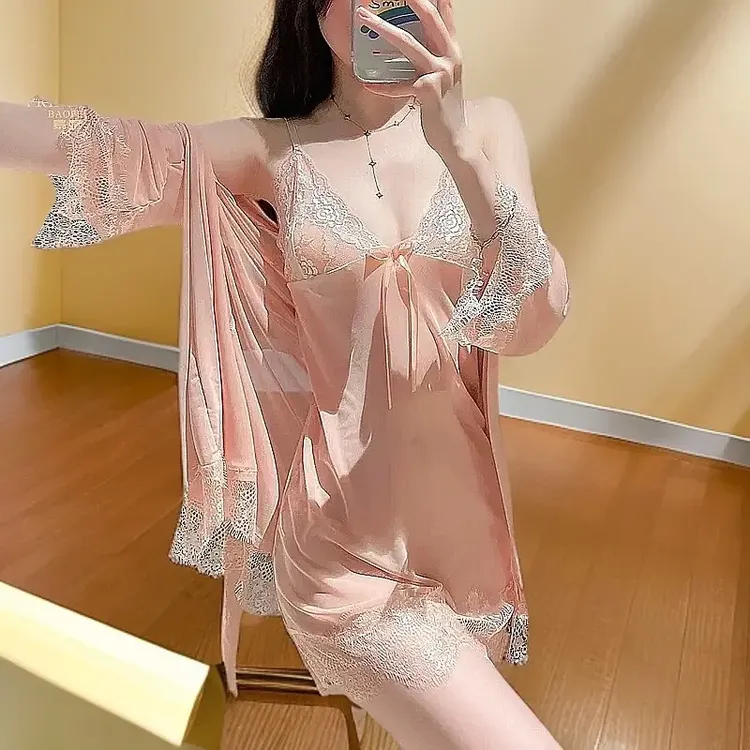 薄透蕾丝吊带睡裙4件装带胸垫性感睡衣纯欲修身情调大码诱惑睡袍