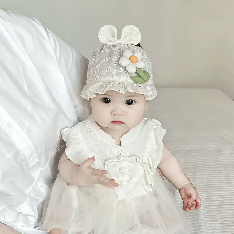 婴儿帽子夏季薄款花朵纯棉护囟门发带新生小月龄女宝宝防晒遮阳帽