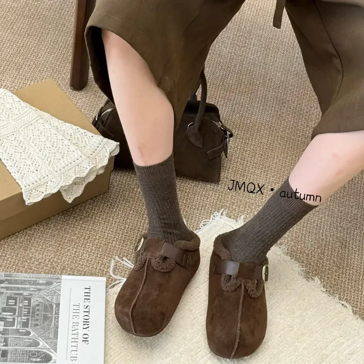 复古港风加绒软底极简风包头拖平底女冬季浅口勃肯鞋秋冬半拖