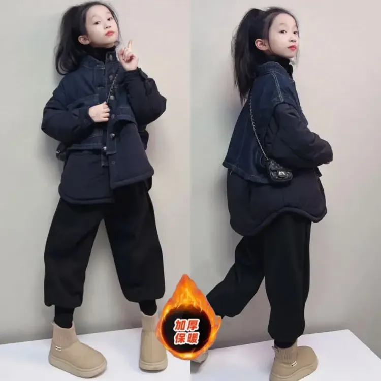 女童冬装牛仔风拼接棉服2025新款儿童加厚假两件外套加绒哈伦裤